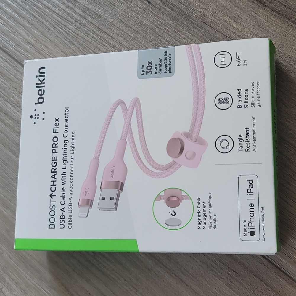 Belkin BoostUP Charge Pro Flex USB-A Cable With Lighting Connector in Pink  NIP